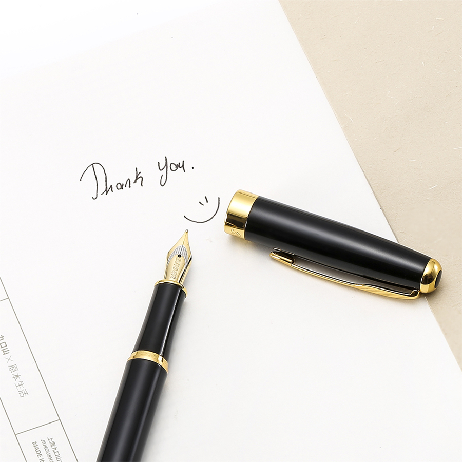 Elite Fountain Ink Pen, Gold Arrow Clip Metal Steel Polished Barrel, Medium Tip, Baoer 388 Office Signature School Student A6298