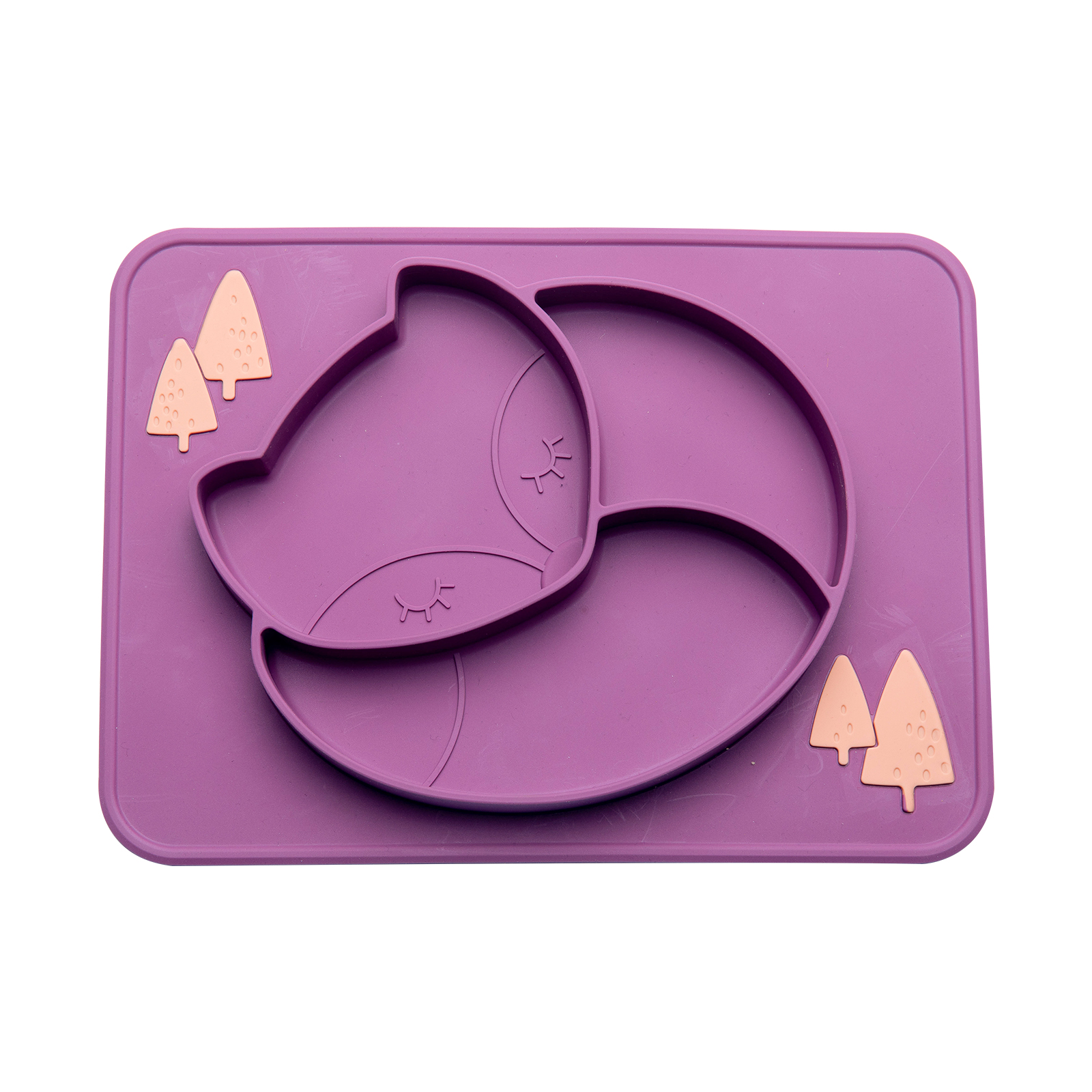 Juego de vajilla de alimentación para bebé, plato de comedor de zorro, cuchara de silicona, tenedor, impermeable, sin BPA, tazón de silicona de grado alimenticio, 3 unids/set: purple