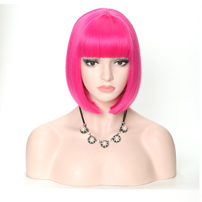 Lanyi kort lichtrood steil bobkapsel met pony synthetisch haar voor vrouwen 12 cm hittebestendige vezels dagelijkse natuurlijke pruiken: Rozenrood