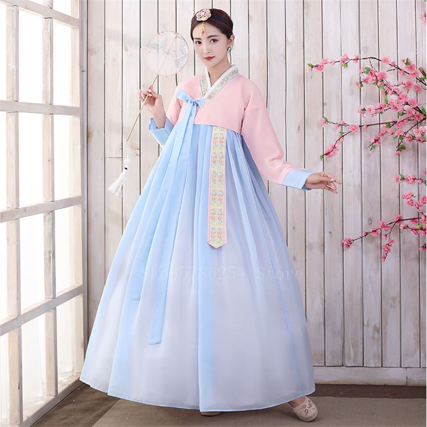 Retro nainen korealainen perinteinen hanbok -mekko prinsessajuhla -hääpuku muinaisen vähemmistön kansantanssivaiheen puku: Väri 1 / L