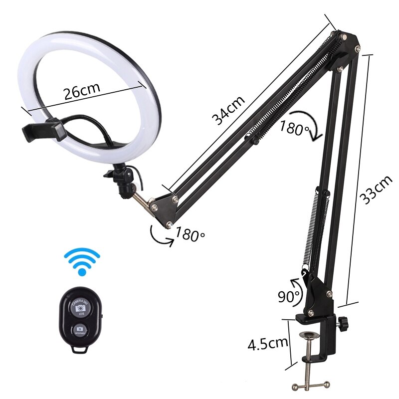 10" LED Ring Light Camera Tripod Table Stand Set Photography Lighting Adjustable Long Arm Stand For Tiktok Phone Selfie Video