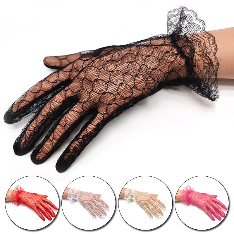 1 paire femmes court Tulle gants extensible dentelle Lotus feuille voilages robe accessoires plein doigt mariée mariage fête noir