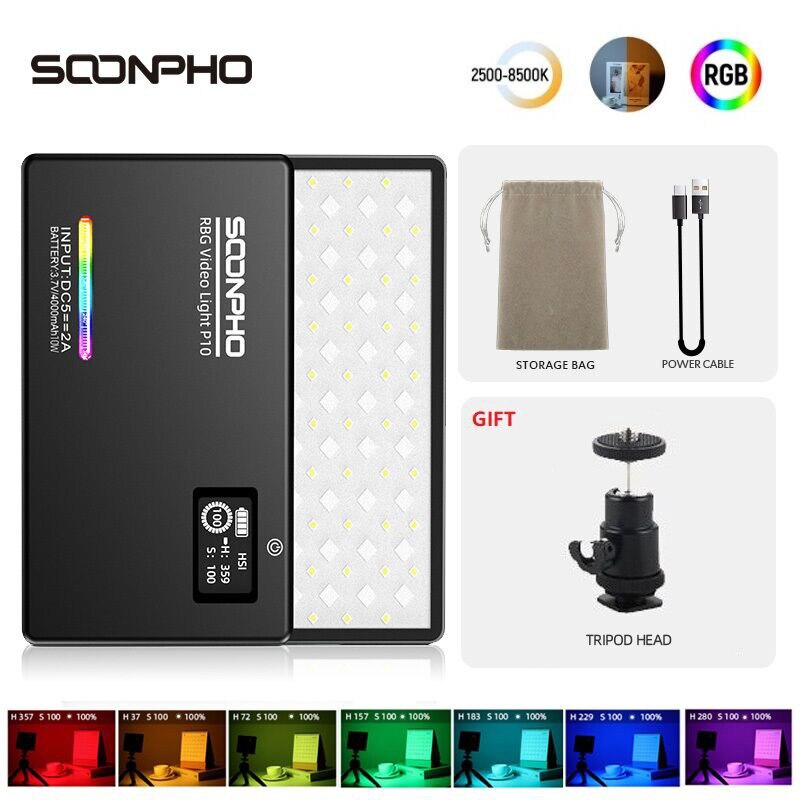 Soonpho p10 led rgb luz de vídeo profissional cri 97 iluminação fotográfica 2500k-8500k bi cor para você tubo tik tok photo studio: Black