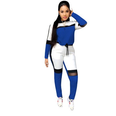 autumn winter women long-sleeved sweater top joggers pants suit two pieces set sportswear tracksuit outfit: Blue / M