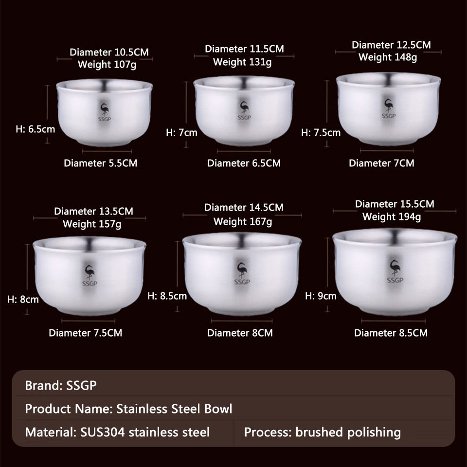 Tazón de acero inoxidable ssgp 304, recipiente doble anti-escaldamiento para alimentos, tazón de arroz coreano, ensalada, fideos instantáneos, tazón de sopa de metal.