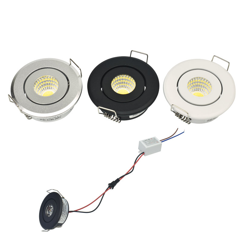 Mini COB LED Spot - 12V 3W - 40-45mm Utkutt - Aluminium Kropp - Montre & Skap Belysning