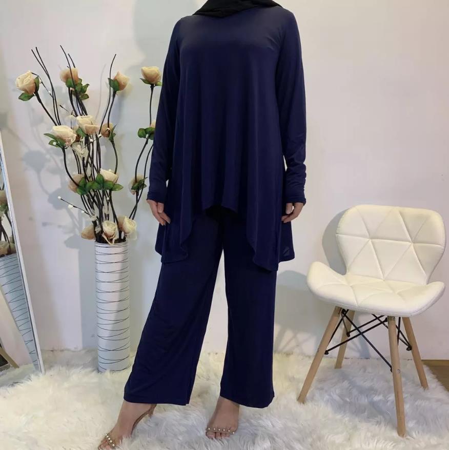 smooth fabric Muslim suits female Solid Color Two-pieces Tops + elastic waist Pants Singapore Turkey Clothing F1883: navy suits / XL