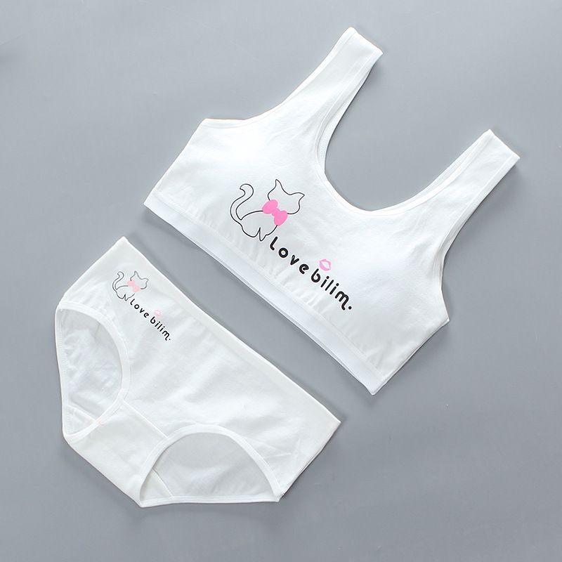 Soft Bra Teenage Underwear Bra Set Training Bras and Panties Puberty Students Bra Vest: White