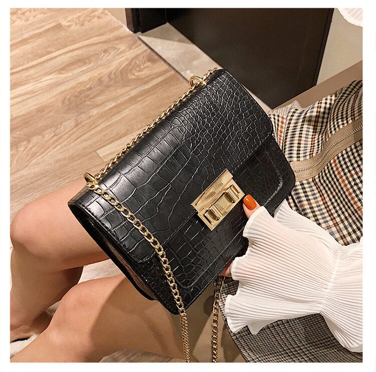 Retro Crocodile Pattern Shoulder Bags For Women PU Crossbody Bag Solid Color Small Square Bag Ladies Portable Handbags: black