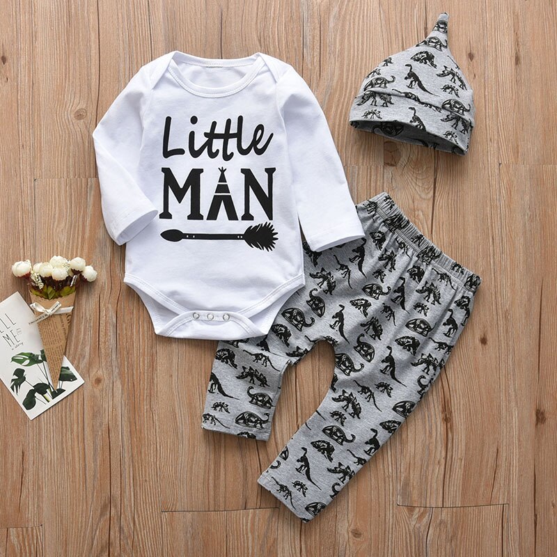 3 pezzi neonato neonato vestiti Set manica lunga lettera piccolo pagliaccetto + stampa dinosauro pantaloni cappelli autunno abbigliamento bambino