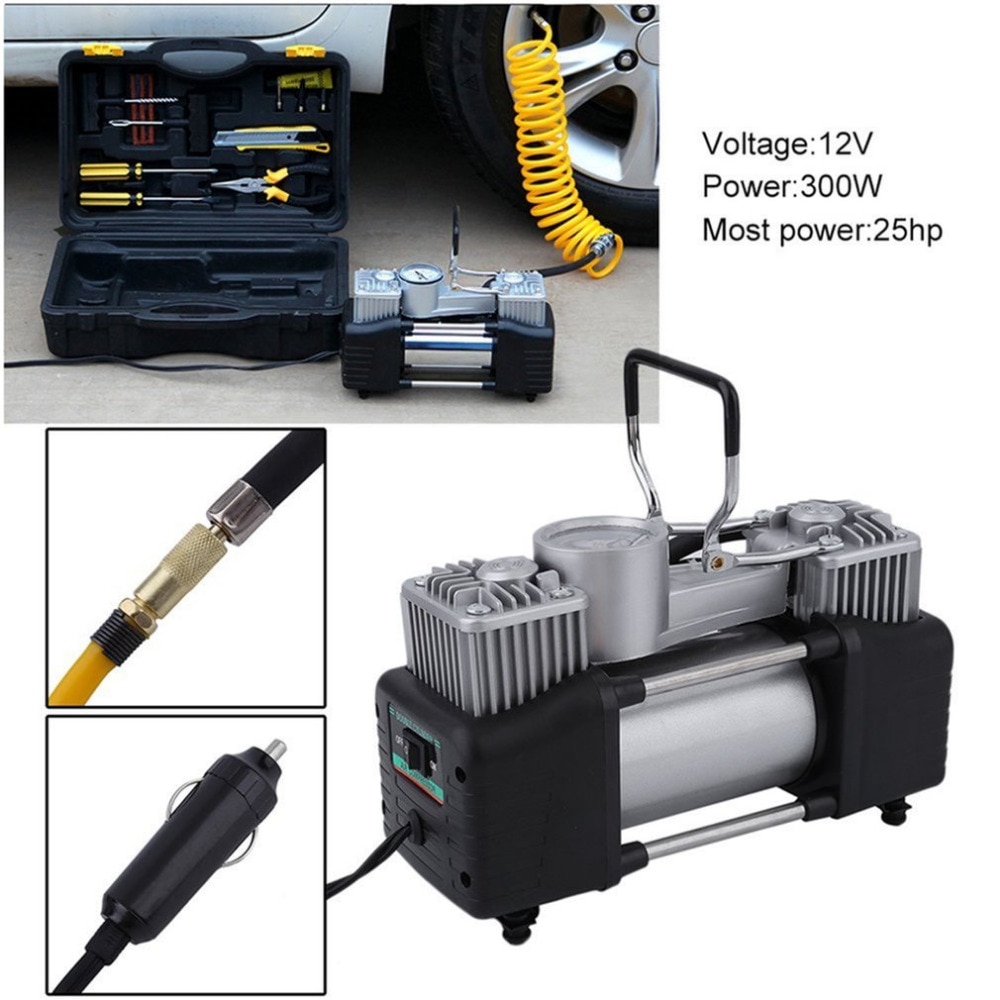 60l/min 300w 150psi compressor de ar do carro pneu 12v aço inoxidável duplo cilindro inflator alta potência bomba inflação do pneu carro