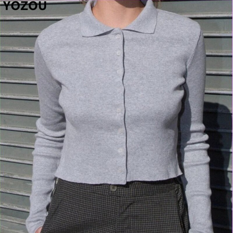 Polo liso de manga larga para mujer, camiseta ajustada acanalada de algodón, con botones, para chica, gris, negro y blanco