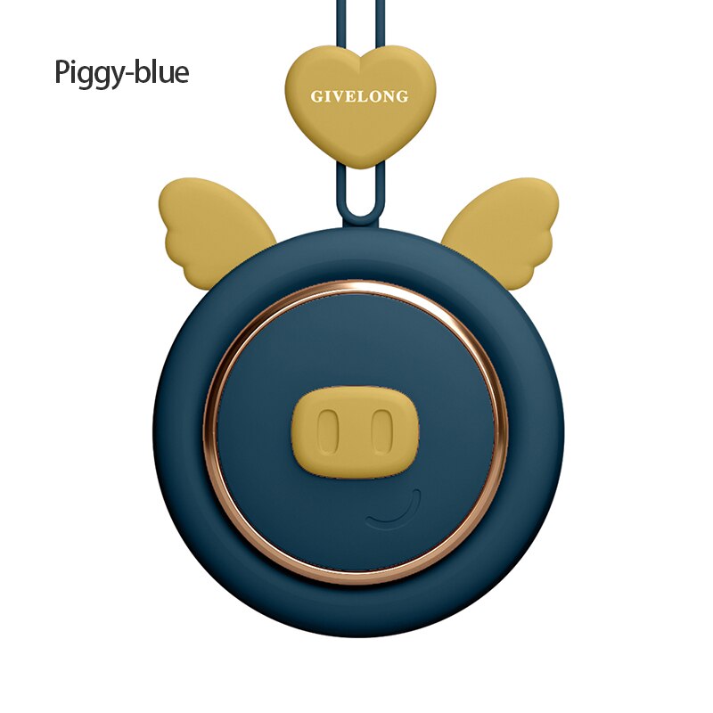 2021 nowy 1PC mini bezłopatkowy opaska na szyję wentylator bezprzewodowy słodkie zwierzątko wiszące liny przenośne wentylatory ładowania USB 3rd koła zębate prędkości wentylować: Piggy niebieski