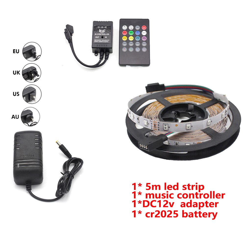 10M 5M RGB LED Strip Music Sound Sync 300 LEDs Color Changing SMD 2835 LED Strip Light Music IR Remote DC12V Power Adapter: 5m Full Set