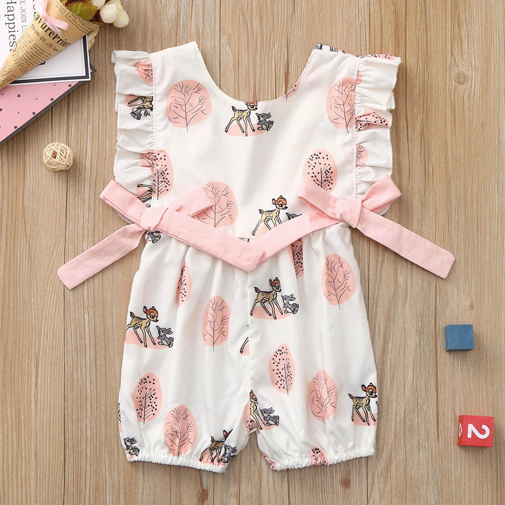 Baby Bodysuit Ruffle Mouwen Bow Cartoon Herten Print Jumpsuit Outfits Zomer Peuter Baby Baby Meisje Jongen Pasgeboren Kleding Jumpsuit