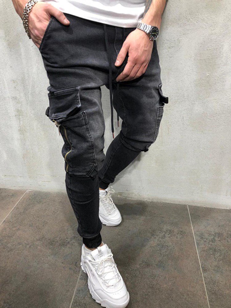 Hommes extensible multi-poche maigre jean hommes poche fermeture éclair crayon pantalon jean pantalon décontracté Hip hop pantalons de survêtement: black / M