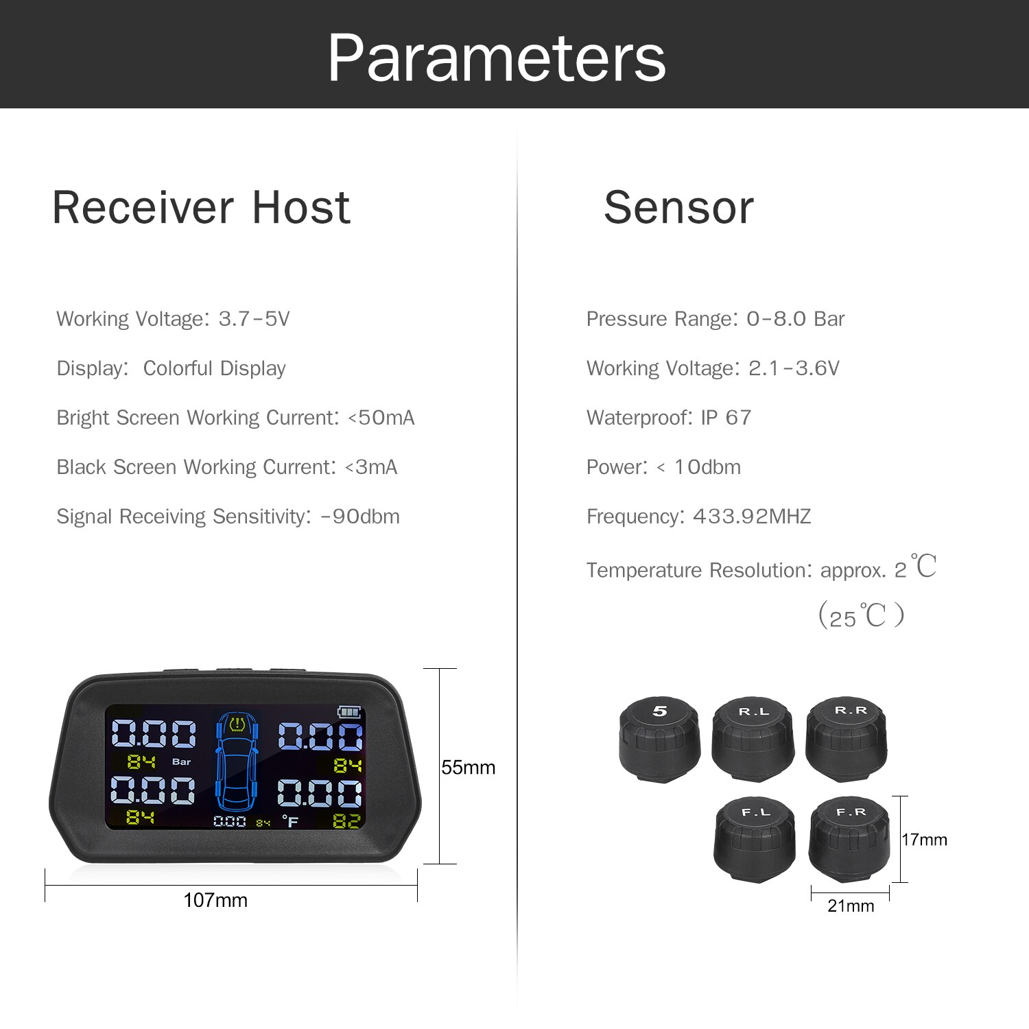 Universal TPMS Wireless Tire Pressure Monitoring System Solar Power Clock LCD Display 4 External Sensor Tire Pressure Sensors