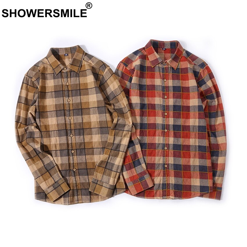 Showersmile brune rutete skjorter menn flanell casual langermet skjorte herre bomull slim fit rutete klær i britisk stil