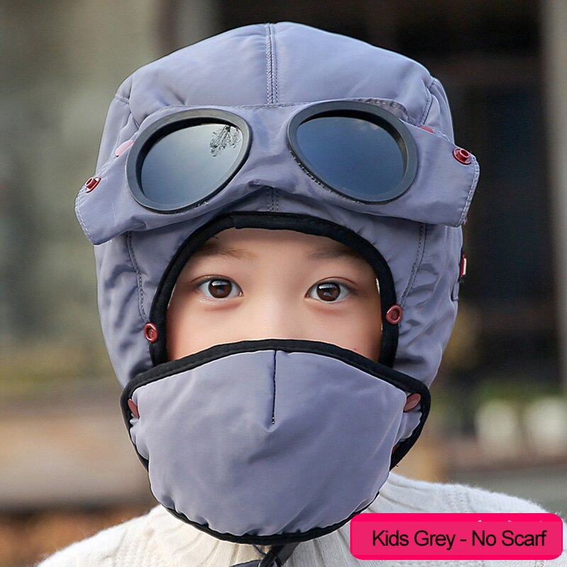 Warm Winter Wind Stopper Face Hats Outdoor Ski Masks Bike Cyling Beanies waterproof hood hat with glasses cool balaclava: Kids Grey