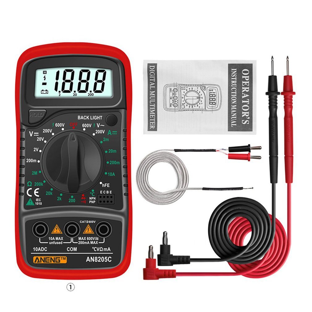 ANENG AN8205C Digital Multimeter AC/DC Ammeter Volt Ohm Test Meter Profession Multimetro With Thermocouple LCD Backlight Display: Red