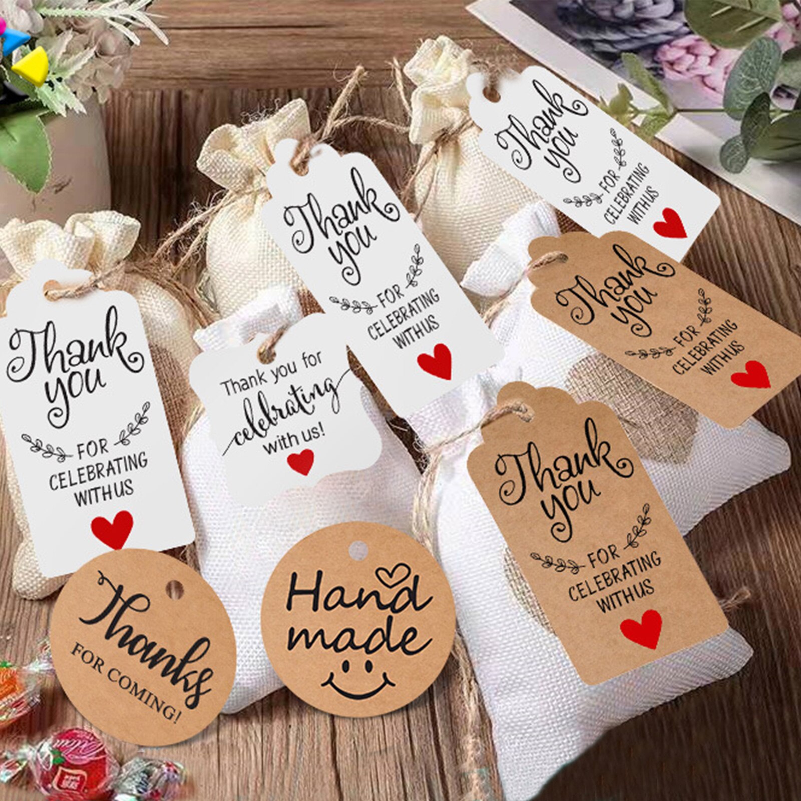 100pcs Kraft Paper Tags Thank You For Celebrating With Us Multi Style Crafts Hang Tag With Rope Labels Wrapping Supplies