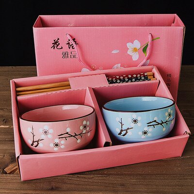 Japanse Kersenbloesem Keramische Kom Set Magnetron Kleine Klassieke Salade Noodle Ramen Rijst Soepkom Met Eetstokjes Servies: 2PCS Mixed pink box