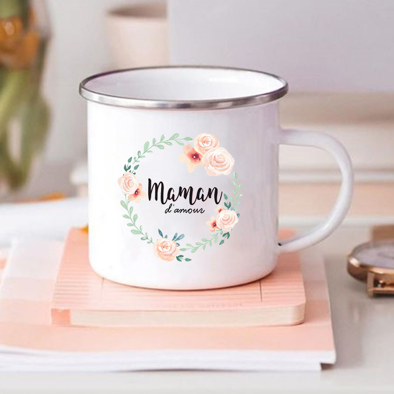 Tasses à café imprimées à fleurs françaises pour Maman, tasse créative pour boissons, eau et lait, en émail, poignée de maison, articles pour boissons, meilleurs pour mères