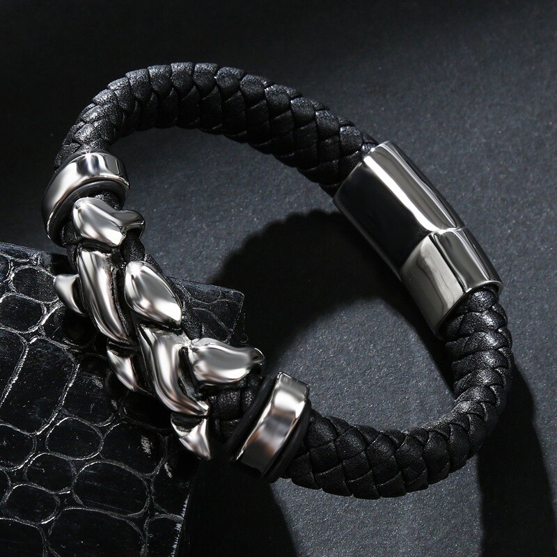 Punk Leather Braided Bracelet Flame Stainless Steel Magnetic Clasp Bangle Stylish for Men Women Cuff Bracelets