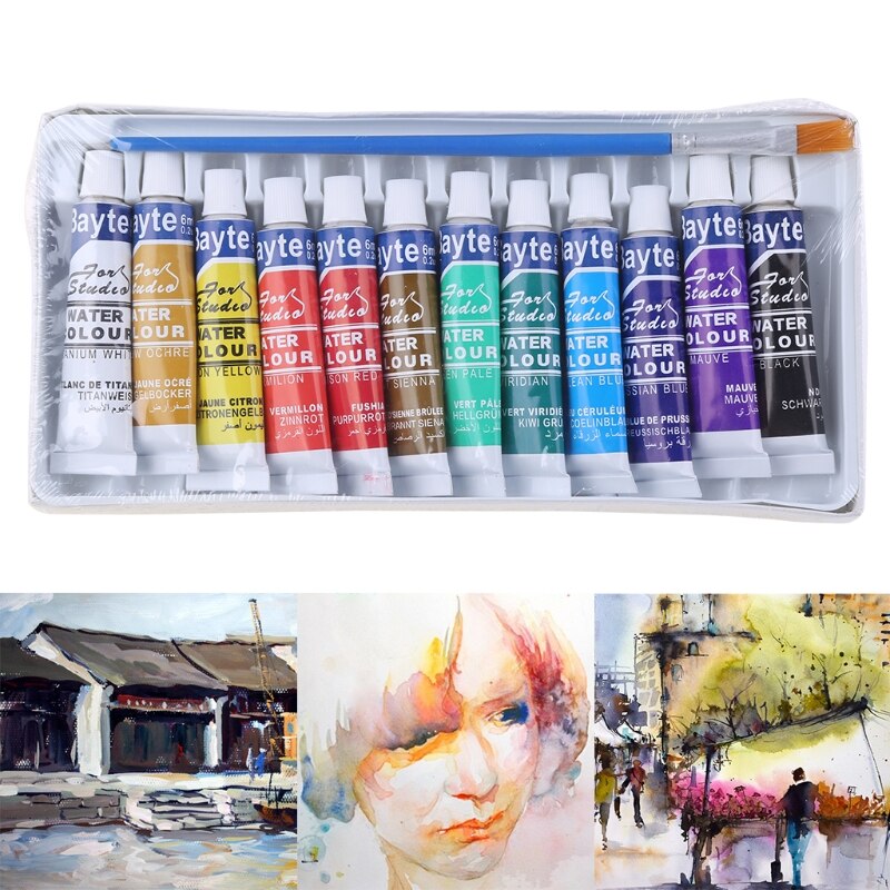 12 Colors Tubes 6ml Paint Tube Drawing Painting Watercolor Pigment Set With Brush Art Supplies