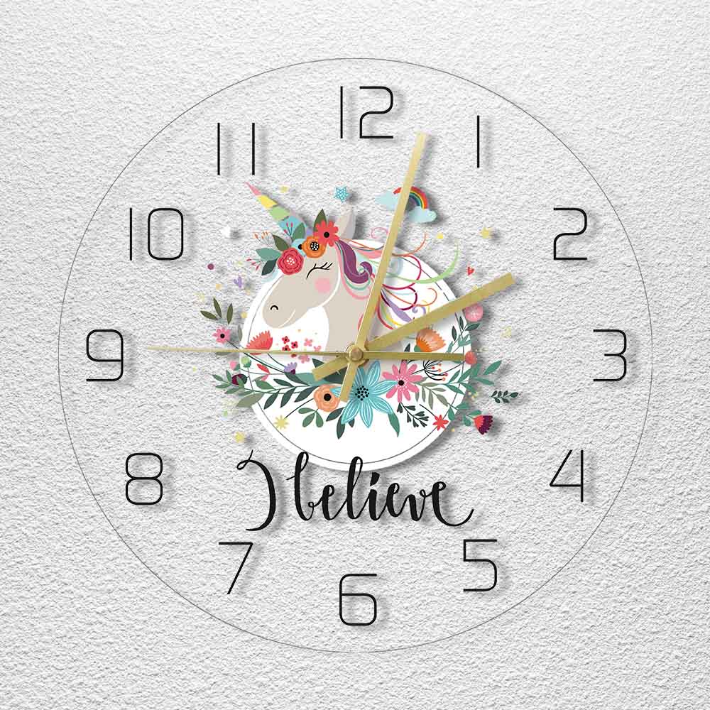 Unicorn With Flower Transparent 3D Wall Clock Modern LED Glow Wall Clocks Wall Watches Dial Vision Decorative Wall Clock