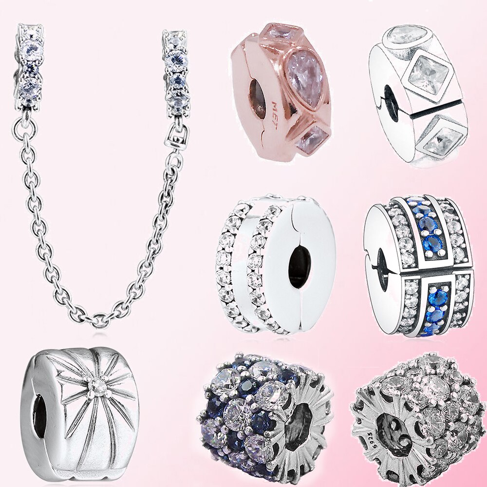 Winter 100% 925 Sterling Silver Sparkling Sunburst Clip Geometric Shapes Clip Clear Shining Charm Safety Chain
