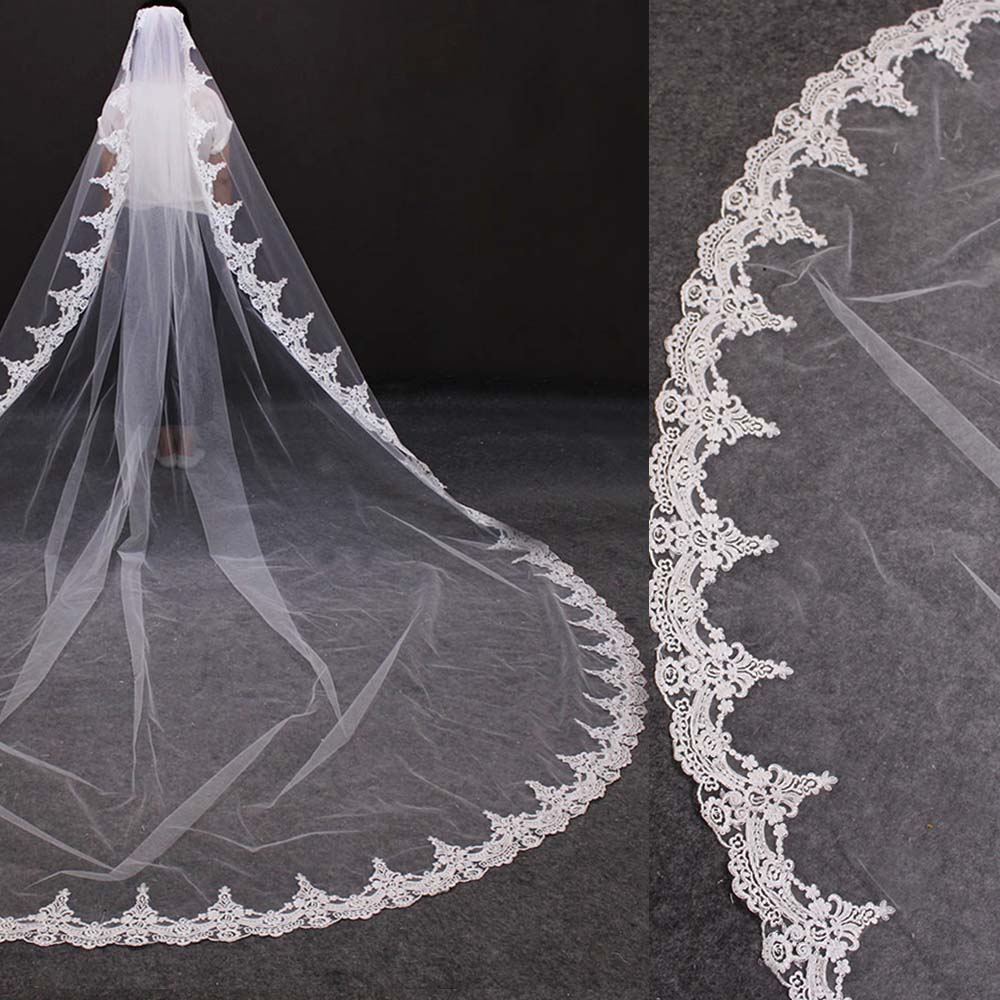 Lange Spitze Hochzeit Schleier mit Kamm 4 Meter Elfenbein Farbe Braut Schleier 400cm Eine Schicht Schleier für Braut Hochzeit zubehör