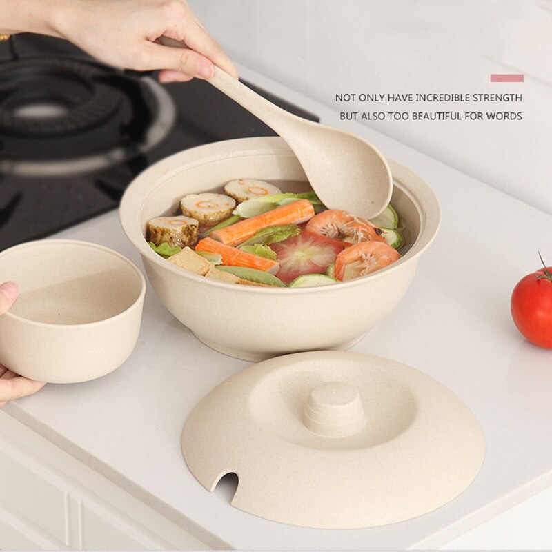Wheat Straw Soup Bowl Set Household Anti-fall Big Soup Bowl with Lid + Spoon Soup Pot Set Household Kitchen Supplies