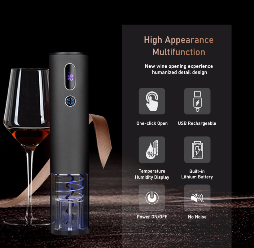 Temperature Humidity Display Rechargeable Electric Wine Bottle Opener Automatic Red Wine Corkscrew With Foil Cutter Box