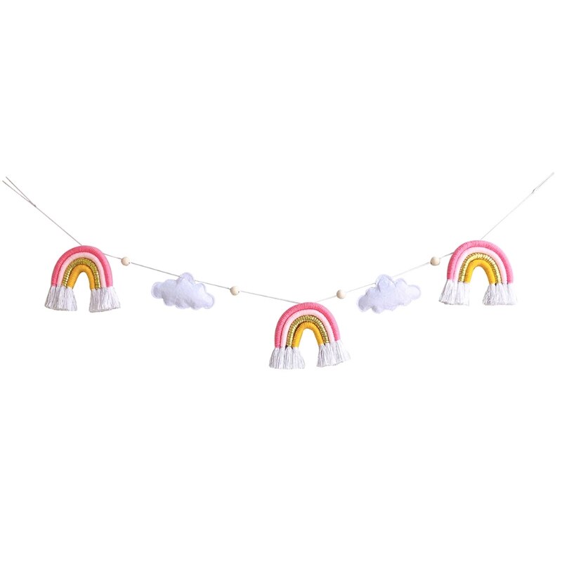 Guirnalda de cuentas de madera nórdica con nube de fieltro, lana de punto, borlas de arcoíris, adorno colgante, accesorios para sesiones fotográficas: 6