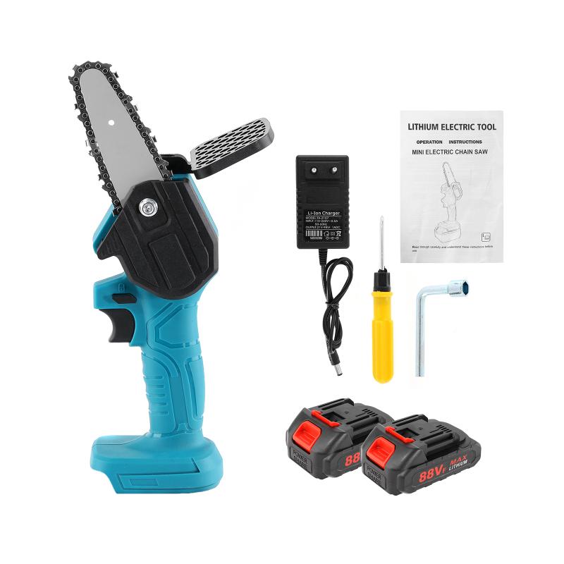 Motosierra eléctrica de 88V, batería de litio, miniherramienta de poda para jardín con una sola mano, sierra de registro, herramientas eléctricas para carpintería: 2 Battery 1 Charger / EU