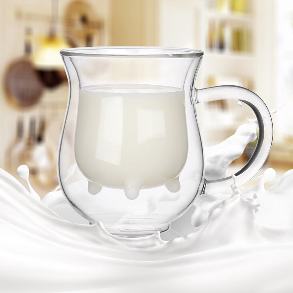 Vaca ubre forma Doble transparente de leche de vidrio taza para té y café manija de la taza de Scald de prevención lindo de vidrio doble taza redonda Drinkingcup