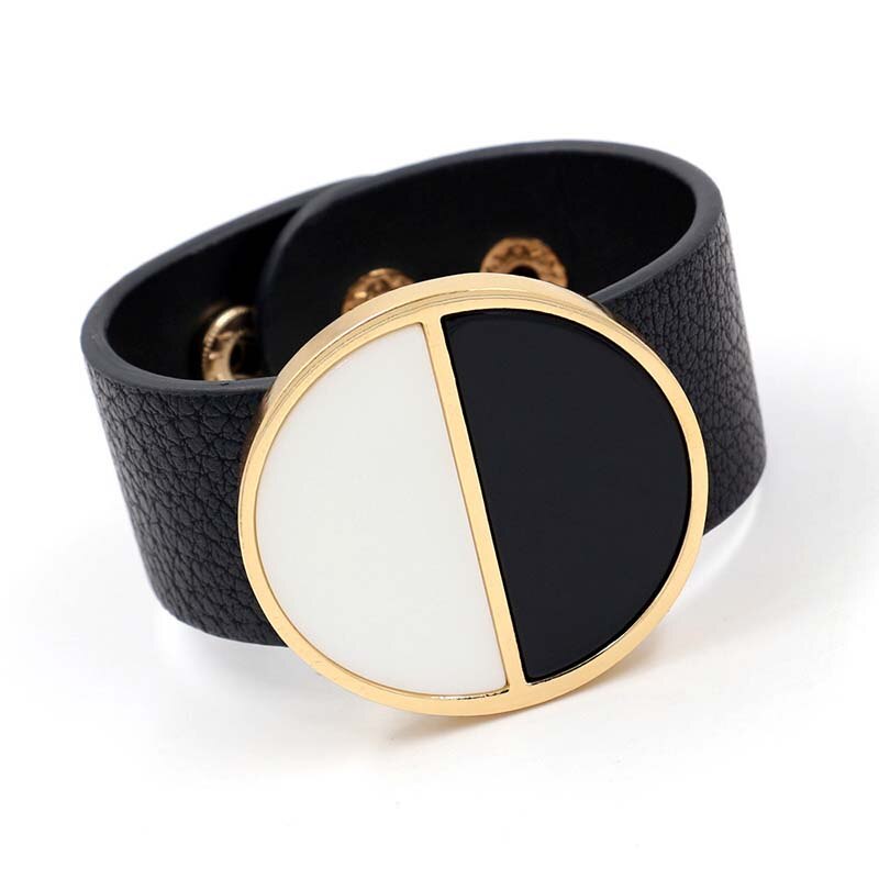 Exaggerated Geometric Black And White Wrap Leather Bracelet For Women Alloy Femme Wrap Bracelets Jewelry: 1