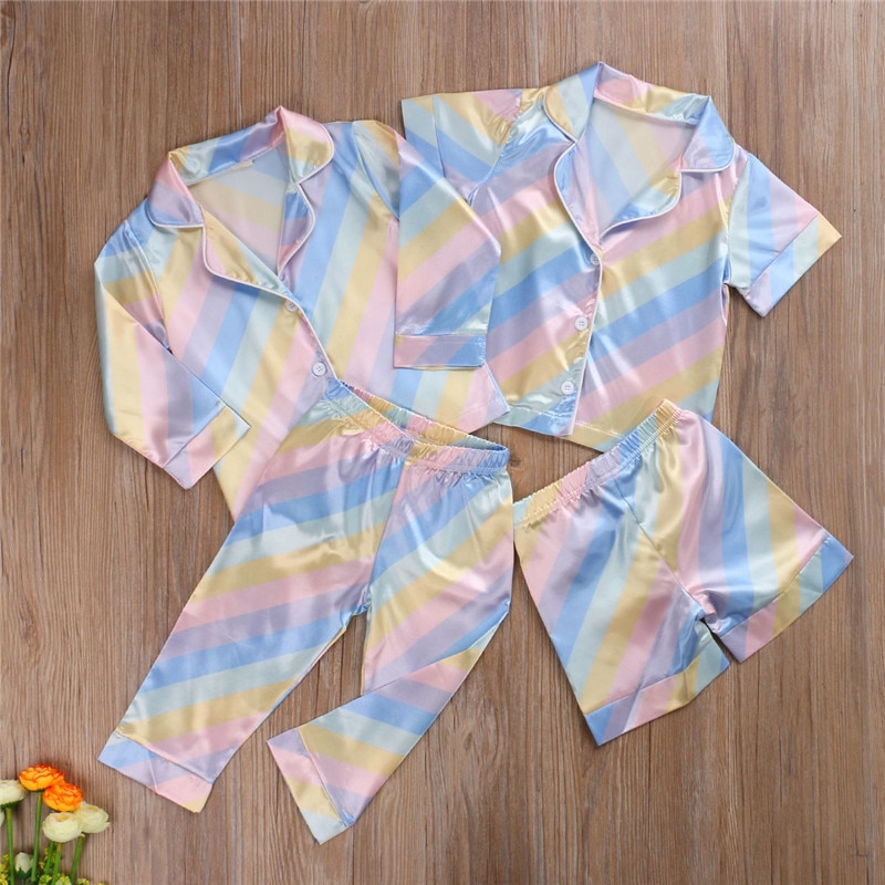 2 Stuks Faux Zijde Satijn Pyjama Set Herfst Zomer Kids Nachtkleding Lange Mouwen Nachtjapon Voor Meisje Jongen Pyjama Rainbow Top + Broek