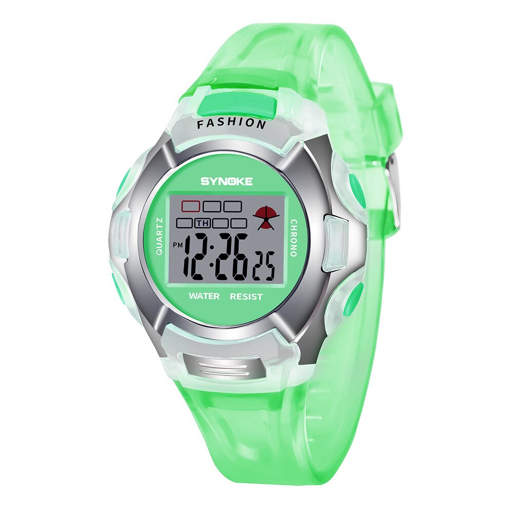 Synoke Kinderen Jongens Student Waterdichte Sport Horloge Led Digital Date Horloge Multifunctionele Mode Klokken: green