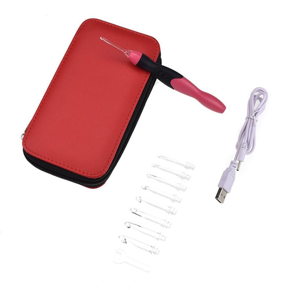USB Charging LED Glow Crochet Hook With Led 9 Sizes Hooks Emergency Lighting Knitting Needles Replaceable Top Hook Sewing Tools: red