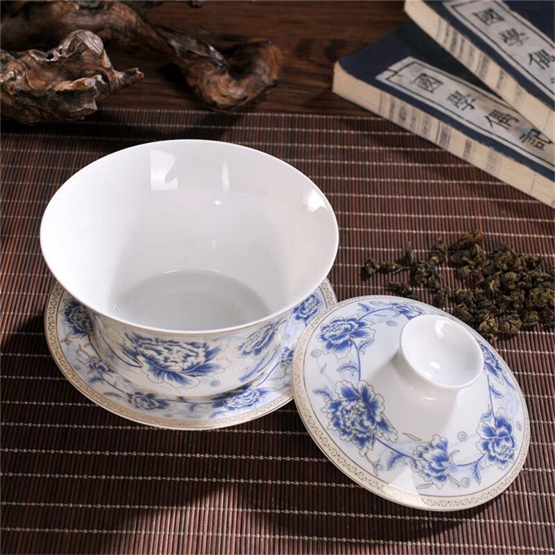 350ml Extra Big Sancai GaiWan Chinese Old Beijing Tea Bowl Jingdezhen Blue and White Porcelain Tea Cup and Saucer Set