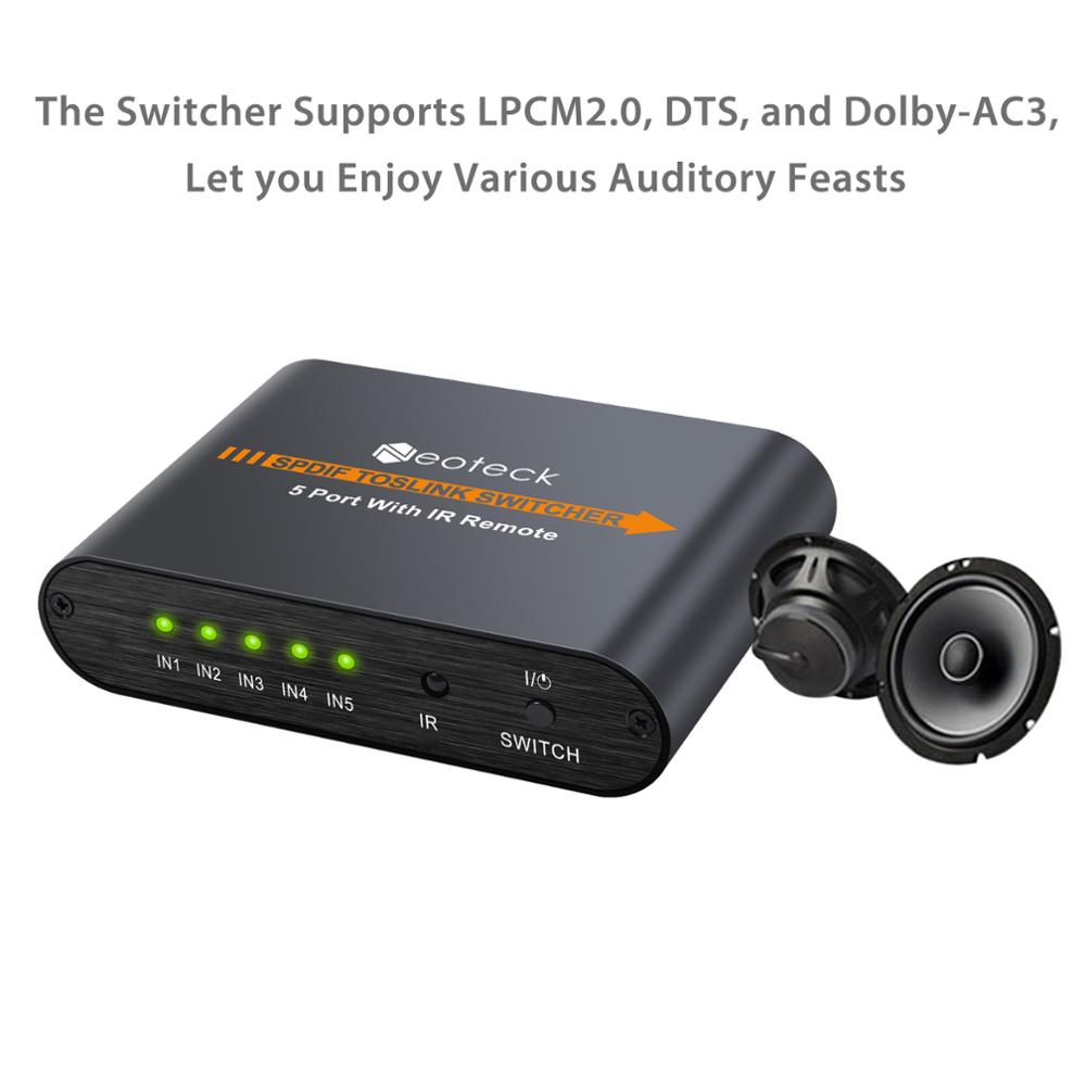 Neoteck 5x1 Optische Audio- Schalter SPDIF/TOSLINK Umschalter Splitter Adapter mit IR Fernbedienung 5 Eingang 1 ausgang Für DVD ps4