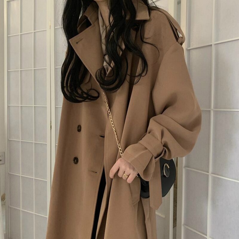 Trenchcoats kvinder khaki vinter overtøj løst dame lange frakker fritid brithsh stil retro streetwear solid: Khaki / Xl
