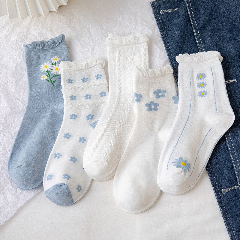 Bloemen Stroken Ruffle Sokken Vrouwen Zomer Dunne Harajuku Streetwear Crew Sokken Blauwe Bloem Print Japanse Kawaii Leuke Vrouw Sokken
