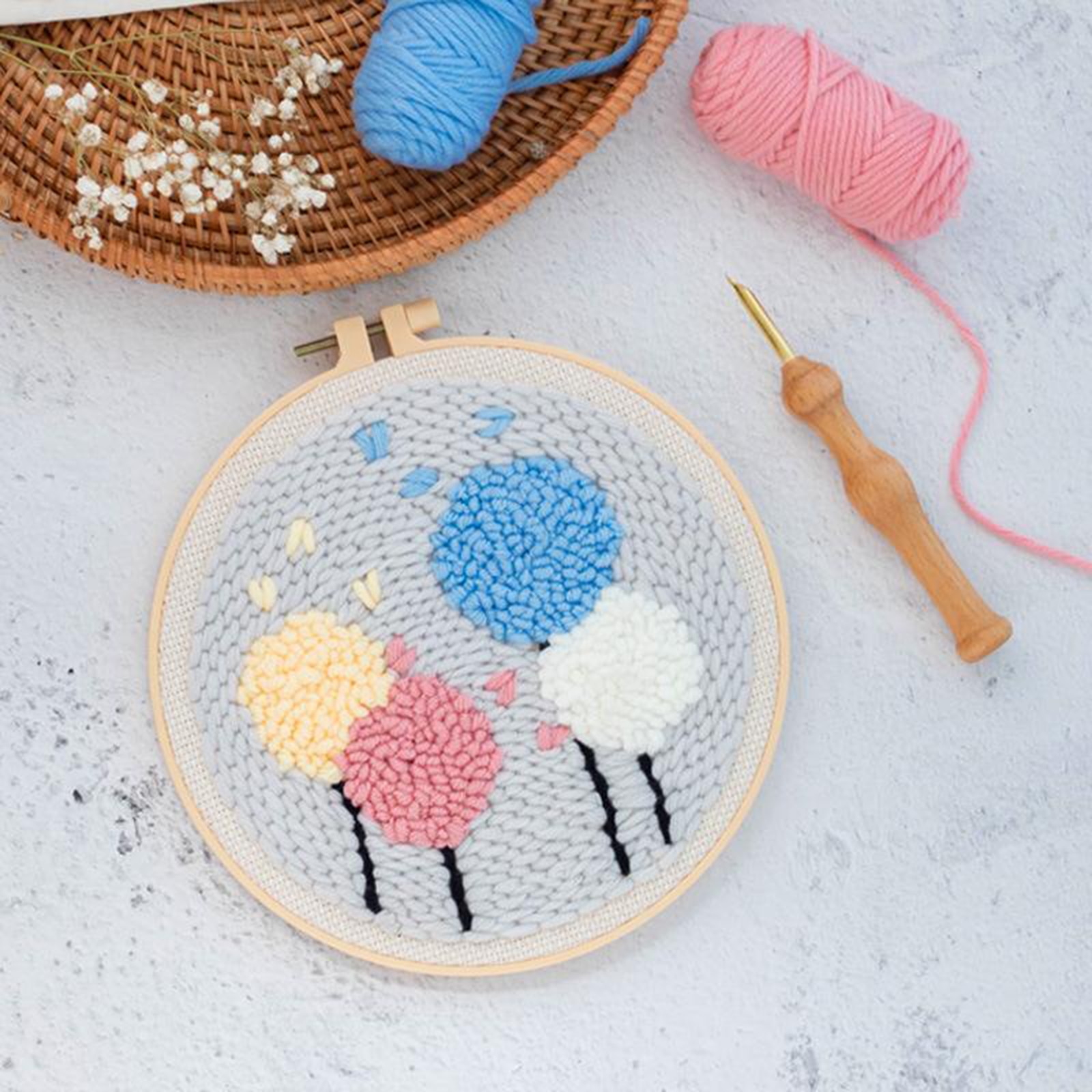 1 Set Punch Embroidery DIY Needlework Kits Hoop Needlecraft Beginners Pre Print Pattern Punch Needle Kits for Beginner