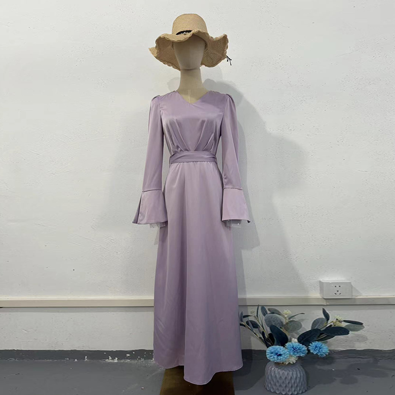 Ramadan Silky muslim Abaya Muslim Dress female big swing Islamic Kaftan Robe Musulman Abaya with belt: XXL / PURPLE