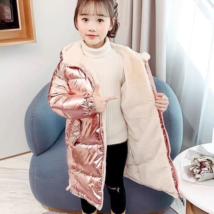 Pink Gilding Fabric Glossy Long Jacket Winter for Girls Hooded Warm Glossy Down Cotton Boys Outerwear Children's Parkas Coats