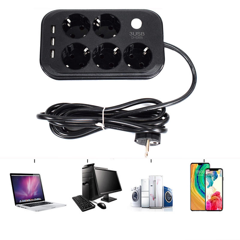 2 Round Pin EU Power Strip With 3 USB Portable Extension Socket European RUS Spain Plug 1.8m Cable Power Strip Travel Adapter