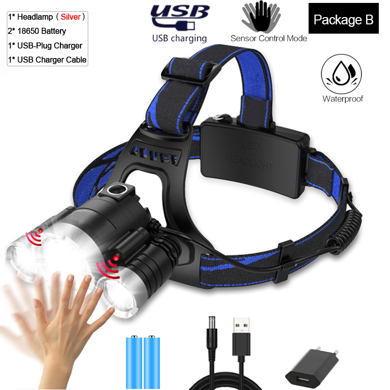 Super Leistungsstarke Sensor Scheinwerfer Wiederaufladbare Körper Motion Sensor Scheinwerfer Wasserdichte LED Kopf Licht USB Kopf Vorder Taschenlampe 18650